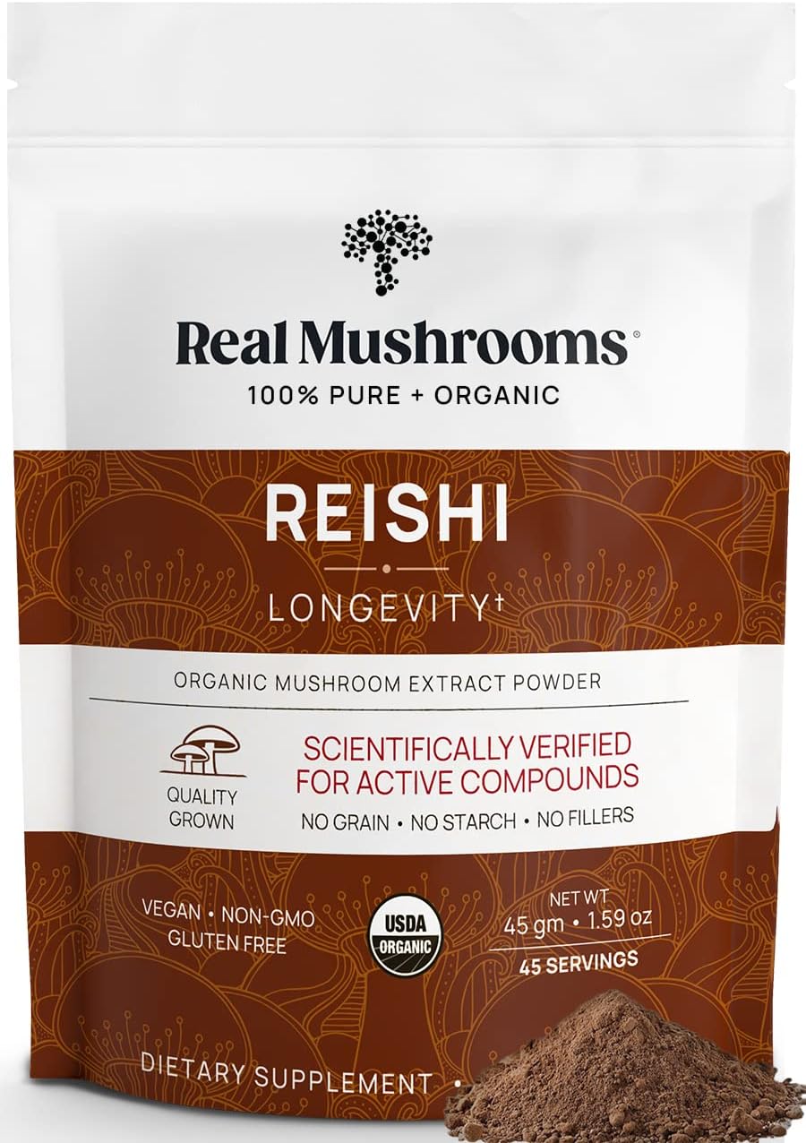 Organic Reishi Mushroom Powder Supplement - Potent Red Extract for Longevity, Mood, Sleep & Immune Support - Vegan, Non-GMO - 45 Servings