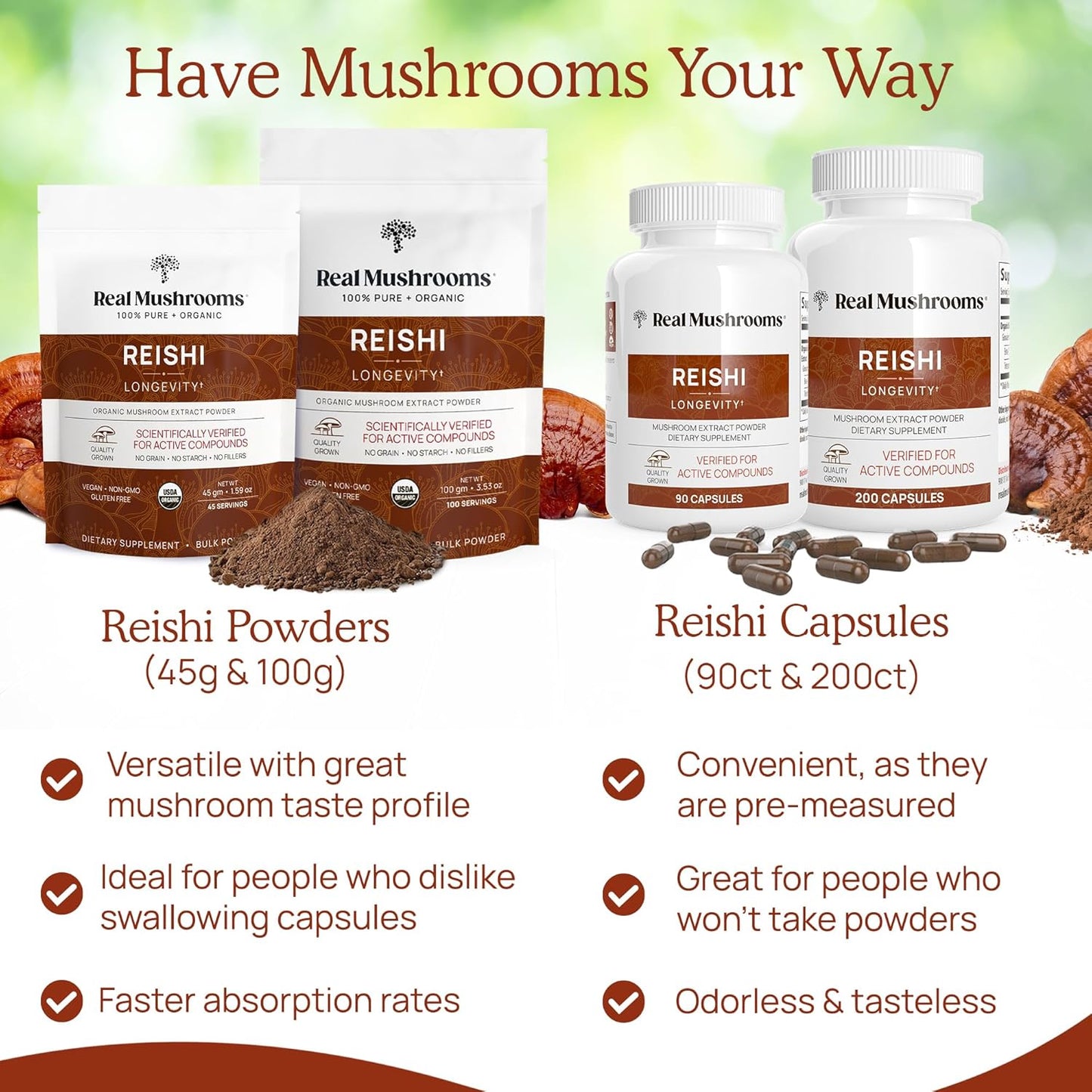 Organic Reishi Mushroom Powder Supplement - Potent Red Extract for Longevity, Mood, Sleep & Immune Support - Vegan, Non-GMO - 45 Servings