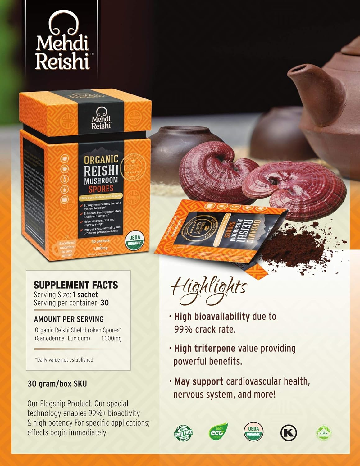 Organic Reishi Mushroom Spores - 100% Pure, Premium, High Potency Triterpenes - 30 Servings (30g)