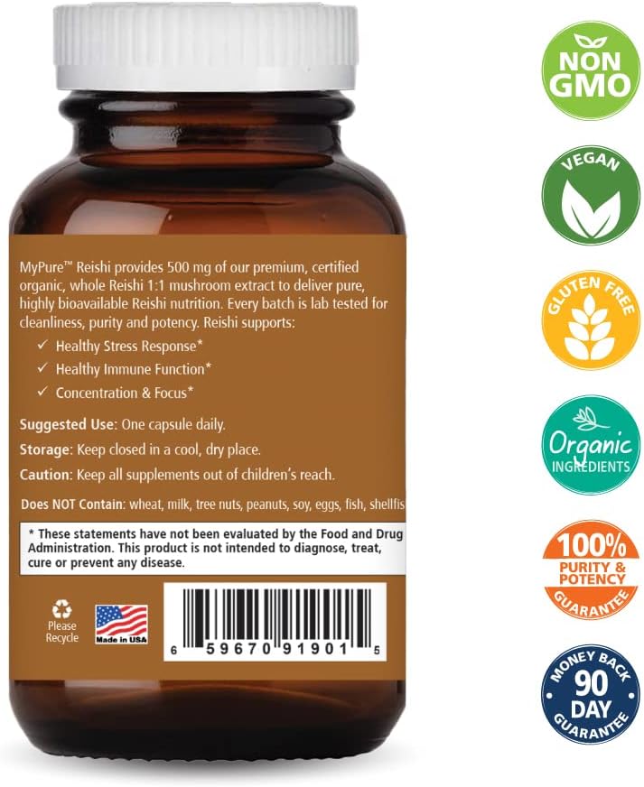 Organic Reishi Mushroom Supplement - Immune Support, Stress Relief, Energy Boost - 30 Capsules - Pure Essence Labs