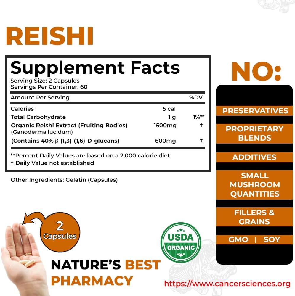 Organic Reishi Mushroom Supplement Capsules - 1,500mg Strength, High Beta-Glucans, Immune Support & Anti-Aging - 120 Caps - Cancer Sciences