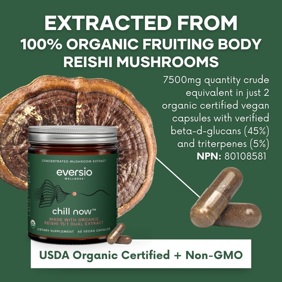 Organic Reishi Mushroom Supplement with Dual Extract - 60 Vegan Capsules (250mg) for Relaxation and Wellness