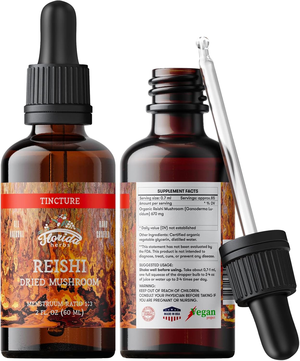 Organic Reishi Mushroom Tincture - Non-GMO Extract in Organic Glycerin - 700 mg, 2 oz - Florida Herbs