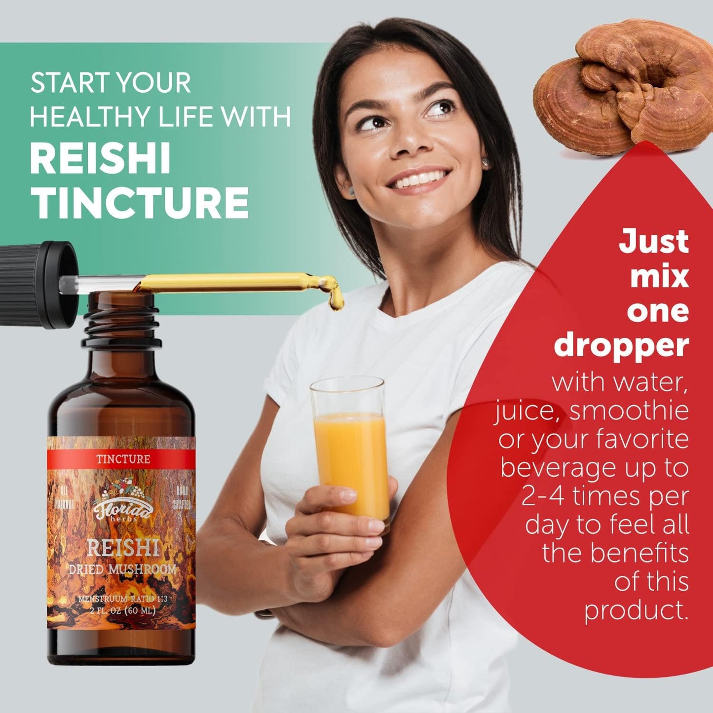 Organic Reishi Mushroom Tincture - Non-GMO Extract in Organic Glycerin - 700 mg, 2 oz - Florida Herbs