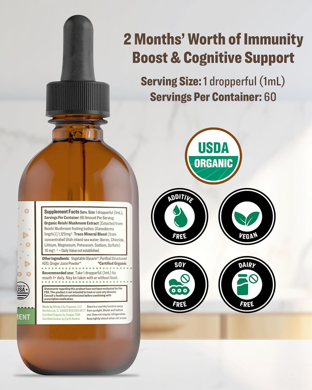 Organic Reishi Mushroom Tincture with Nano-Processed Cognitive & Immune Support - Vegan Drops - 60 Servings