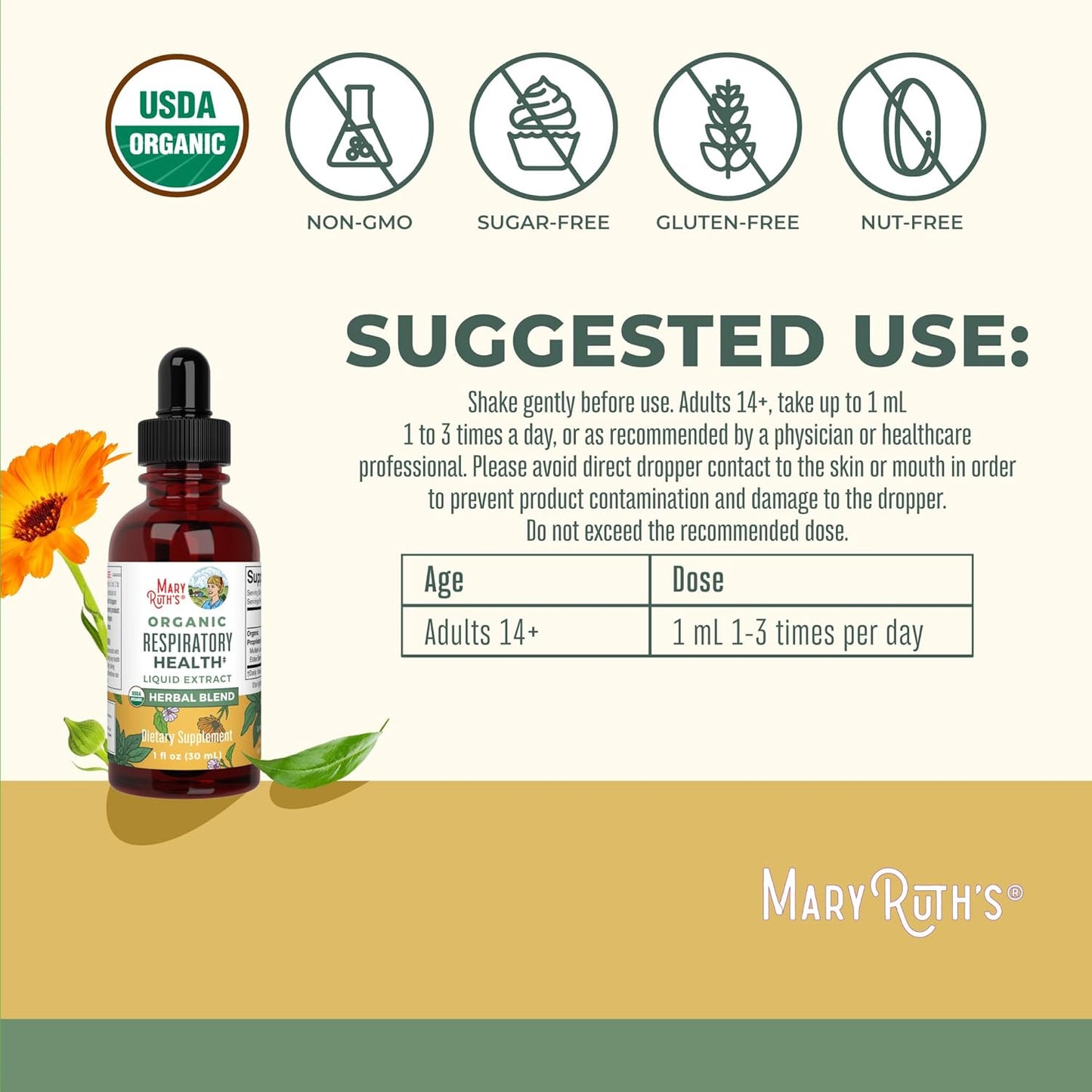 Organic Respiratory Health Liquid Drops with Mullein, Marshmallow Root, Elderberry - Immune Support Supplement - Vegan - 1 Fl Oz
