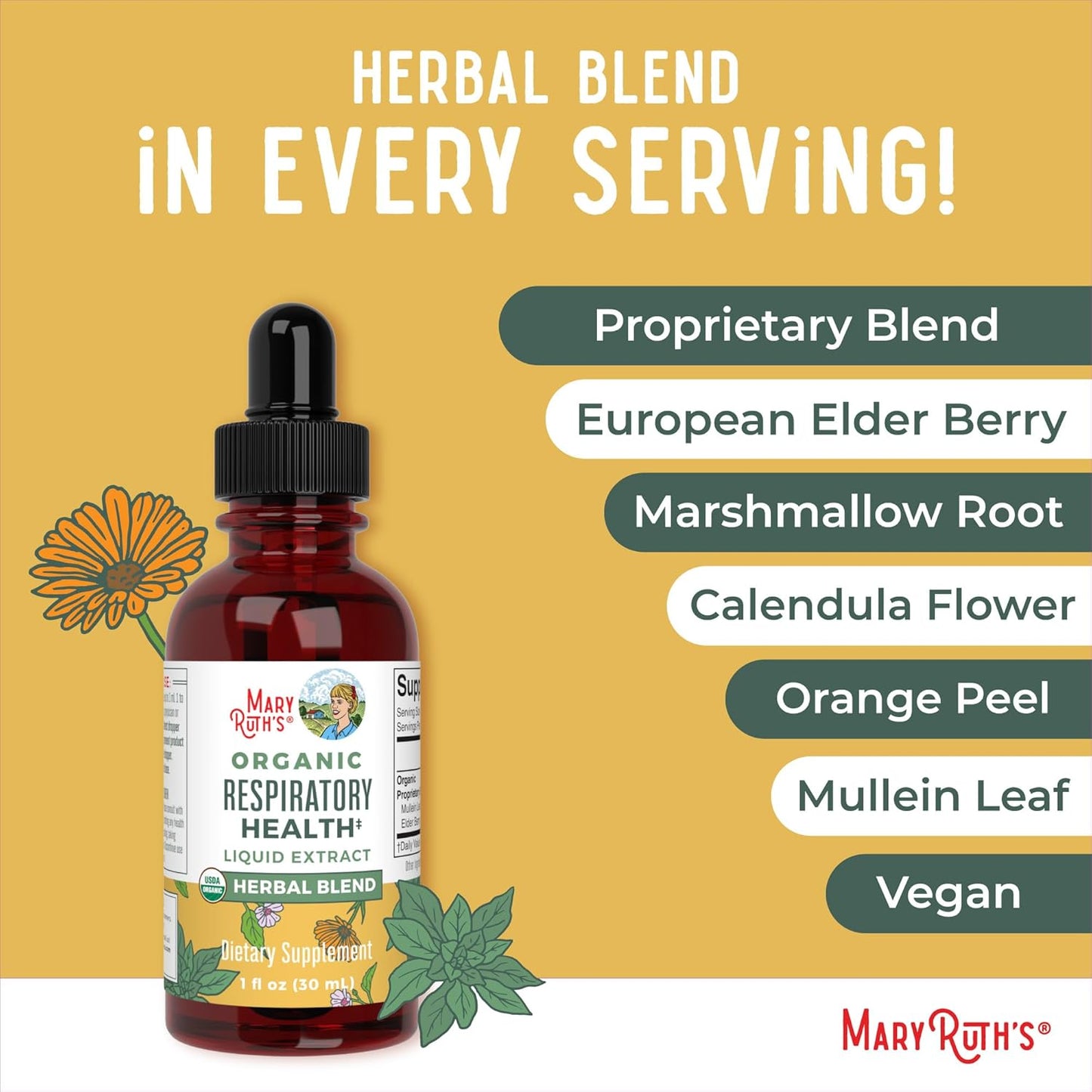 Organic Respiratory Health Liquid Drops with Mullein, Marshmallow Root, Elderberry - Immune Support Supplement - Vegan - 1 Fl Oz