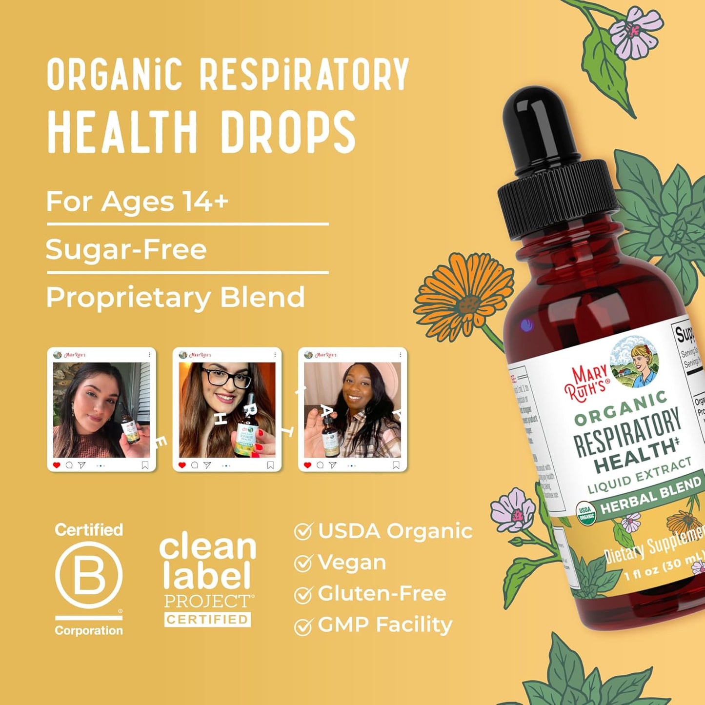 Organic Respiratory Health Liquid Drops with Mullein, Marshmallow Root, Elderberry - Immune Support Supplement - Vegan - 1 Fl Oz