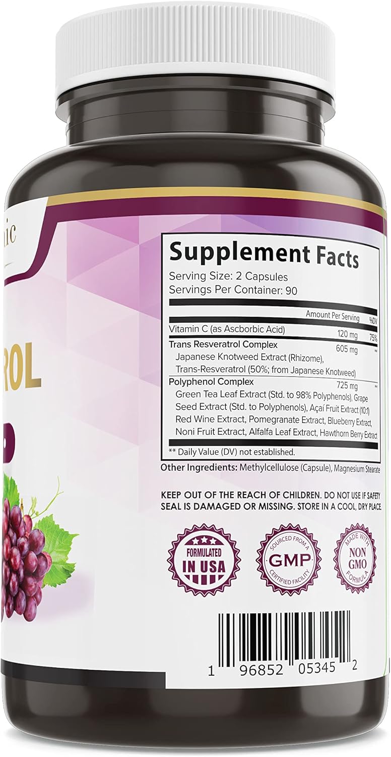 Organic Resveratrol 1450mg Extra Strength Formula for Skin & Immunity - Green Tea, Grape Seed, Red Wine Extract - 90 Day Supply