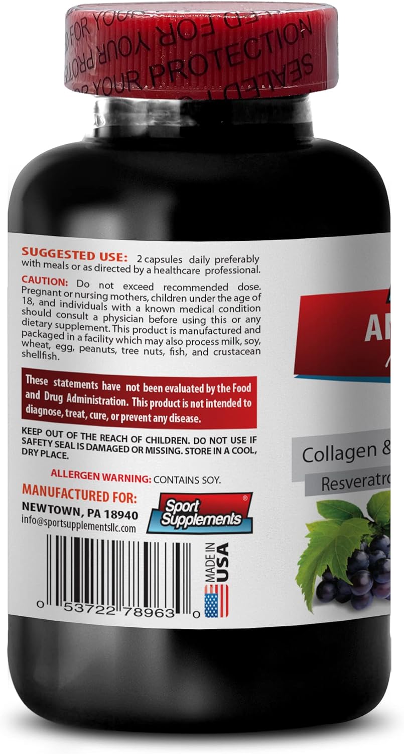 Organic Resveratrol 250 Supplement for Women - Anti-Wrinkle Pills with Collagen and Aloe Vera - Hyaluronic Acid Vitamins - 60 Caps