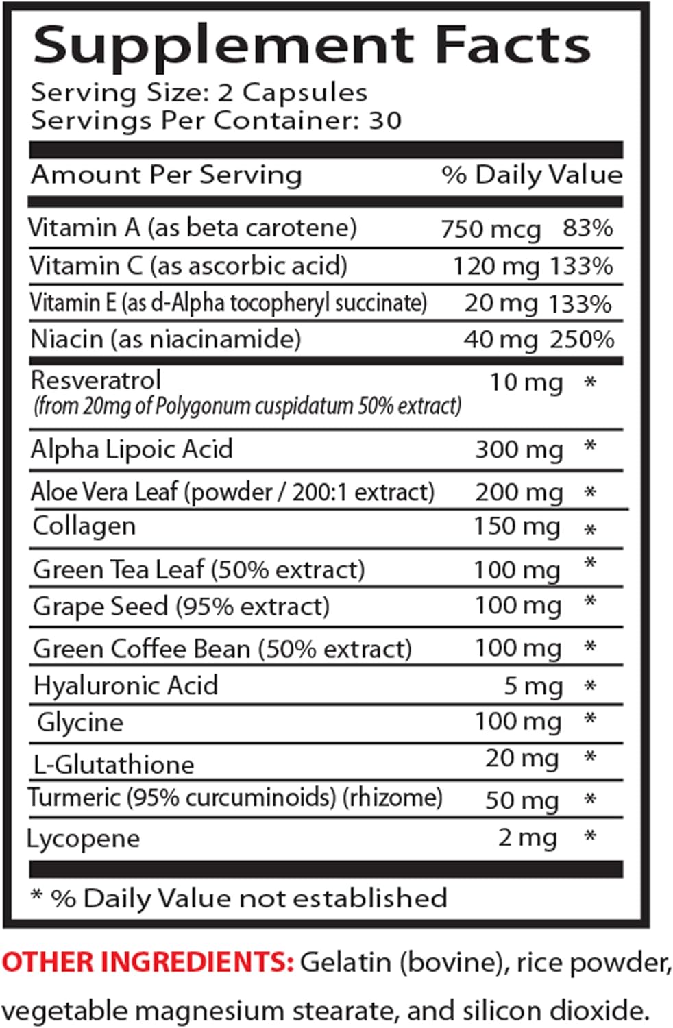 Organic Resveratrol 250 Supplement for Women - Anti-Wrinkle Pills with Collagen and Aloe Vera - Hyaluronic Acid Vitamins - 60 Caps