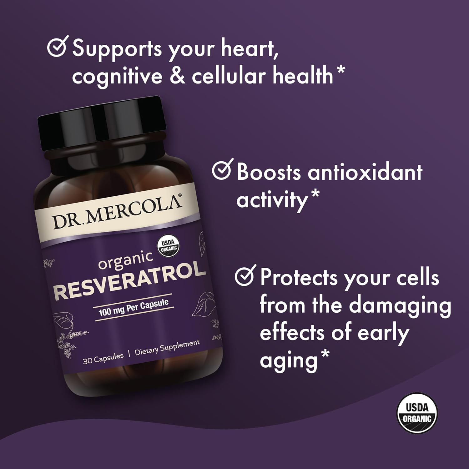 Organic Resveratrol Dietary Supplement, 100mg Capsules - 30 Servings, Non GMO, Gluten Free, Soy Free - USDA Organic by Dr. Mercola