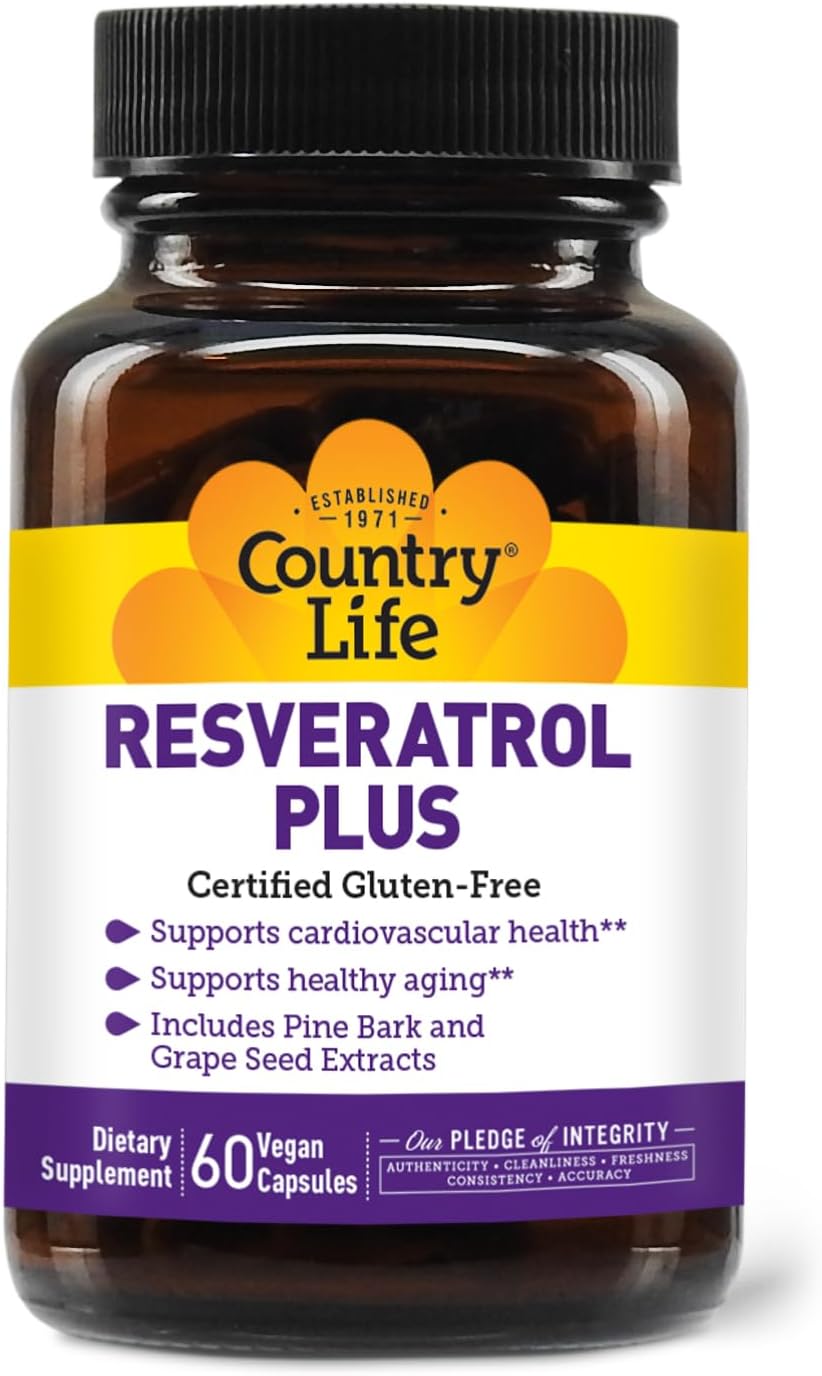 Organic Resveratrol Plus 1000mg Supplement with Pine Bark & Grape Seed Extracts - Vegan, Gluten-Free, Non-GMO - Country Life