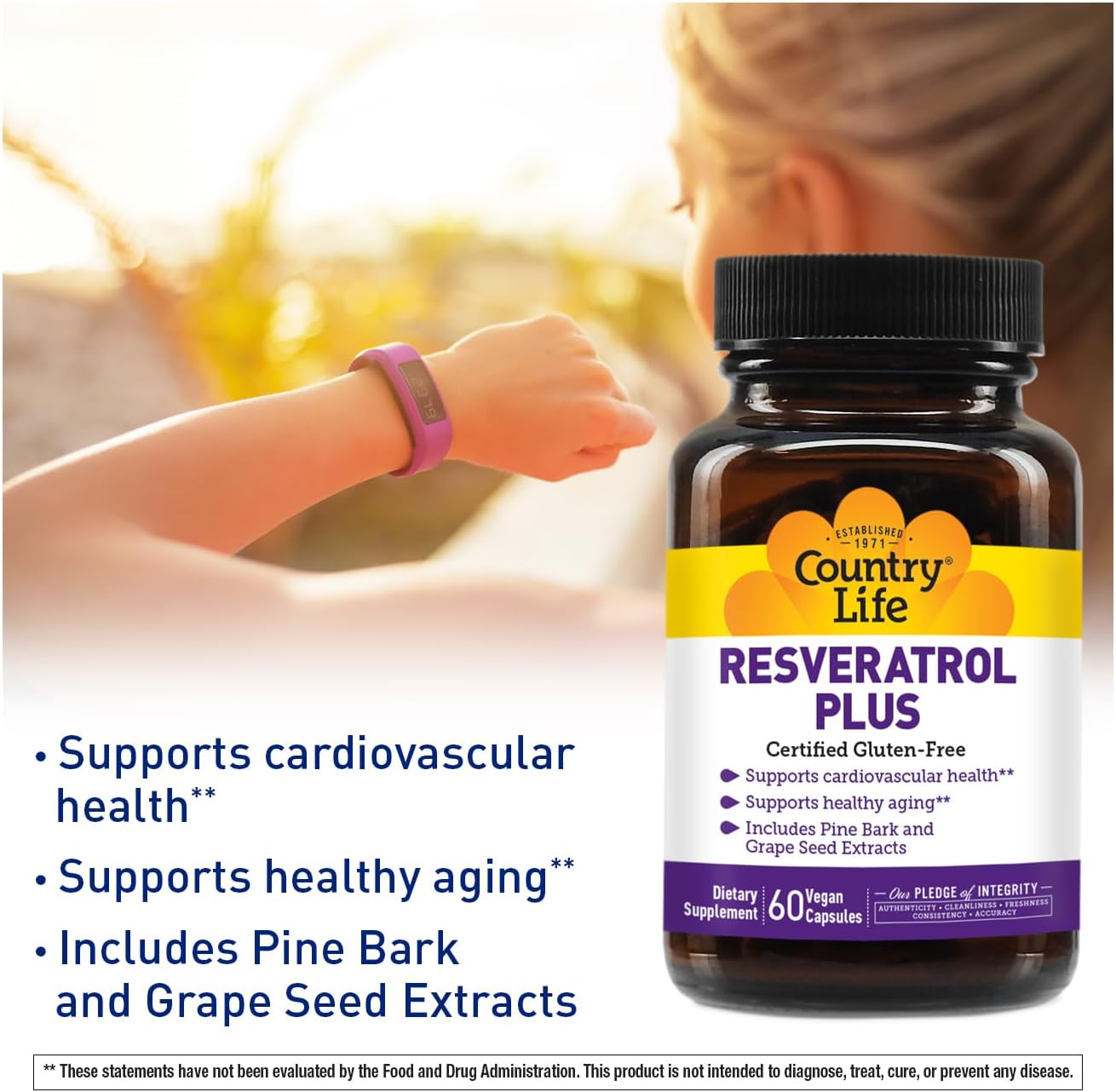 Organic Resveratrol Plus 1000mg Supplement with Pine Bark & Grape Seed Extracts - Vegan, Gluten-Free, Non-GMO - Country Life