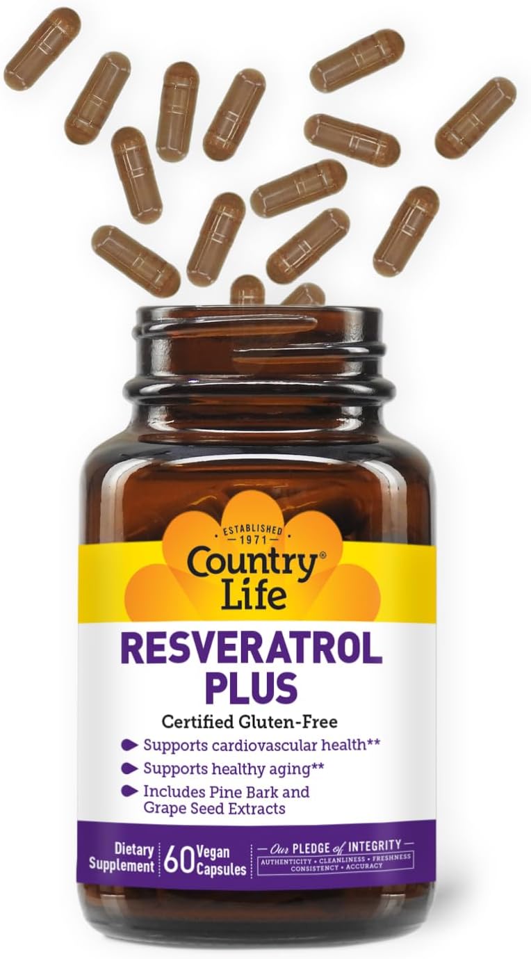 Organic Resveratrol Plus 1000mg Supplement with Pine Bark & Grape Seed Extracts - Vegan, Gluten-Free, Non-GMO - Country Life