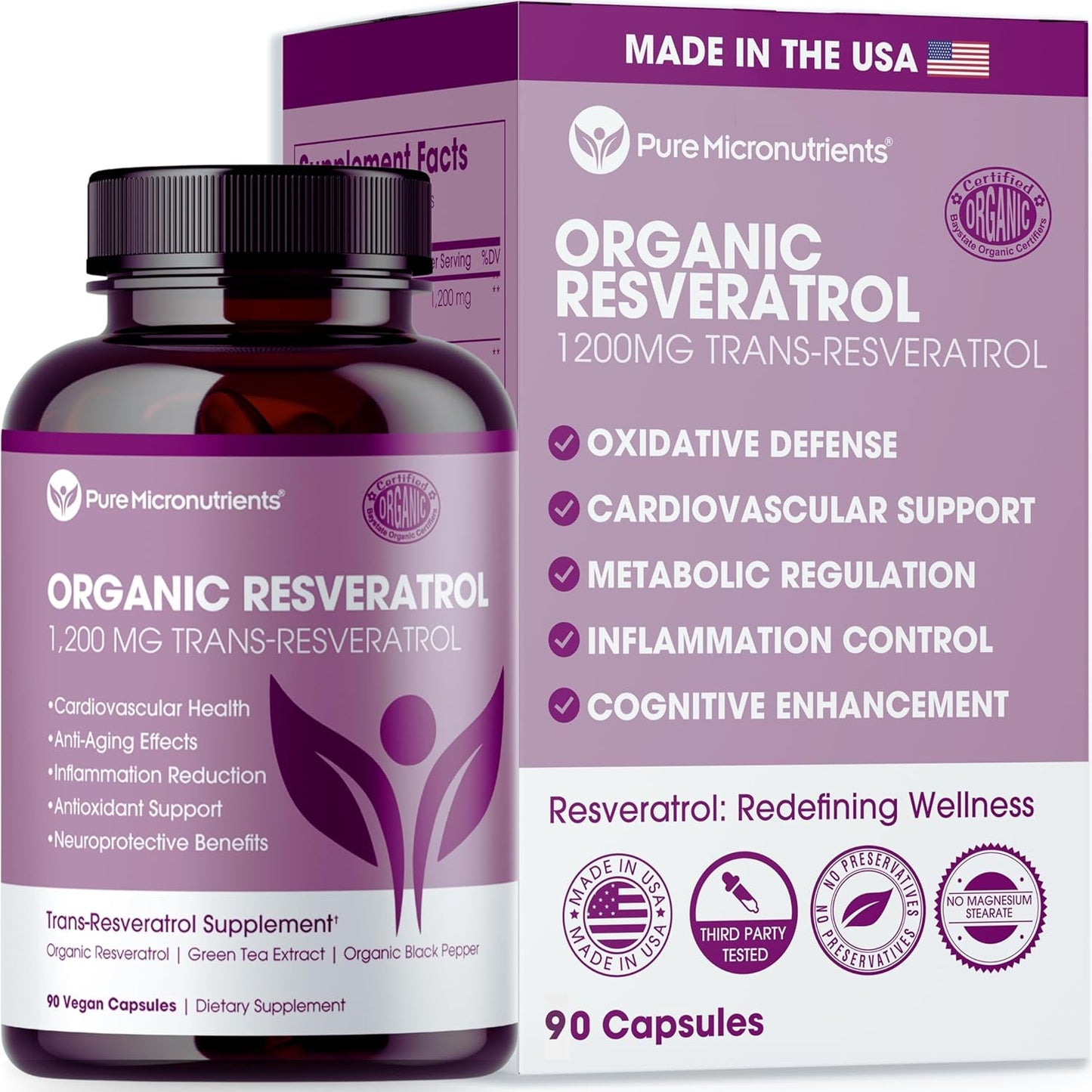Organic Resveratrol Supplement - 1200mg Per Serving - Anti Aging & Immune Support - 90 Vegan Capsules - Extra Strength Formula with Green Tea Leaf & Black Pepper