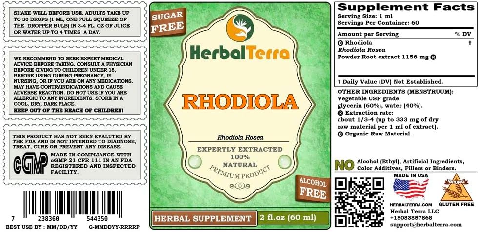 Organic Rhodiola Rosea Glycerite Liquid Extract - Alcohol-Free 2 oz by Herbal Terra LLC