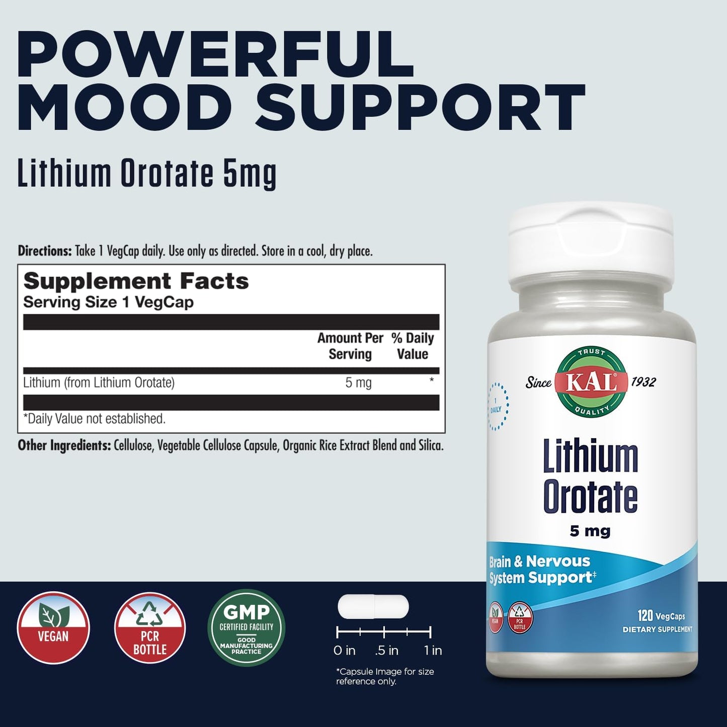 Organic Rice Bran Extract Lithium Orotate Capsules - 120 VegCaps | 5mg Low Dose for Mood Support & Bioavailability