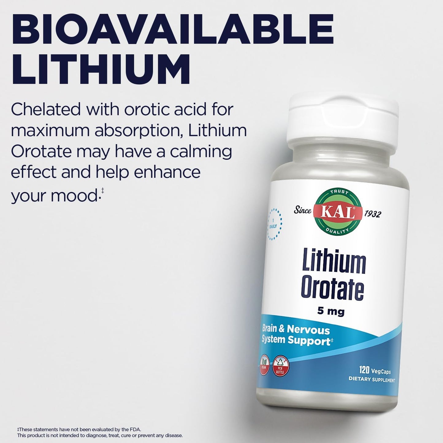 Organic Rice Bran Extract Lithium Orotate Capsules - 120 VegCaps | 5mg Low Dose for Mood Support & Bioavailability