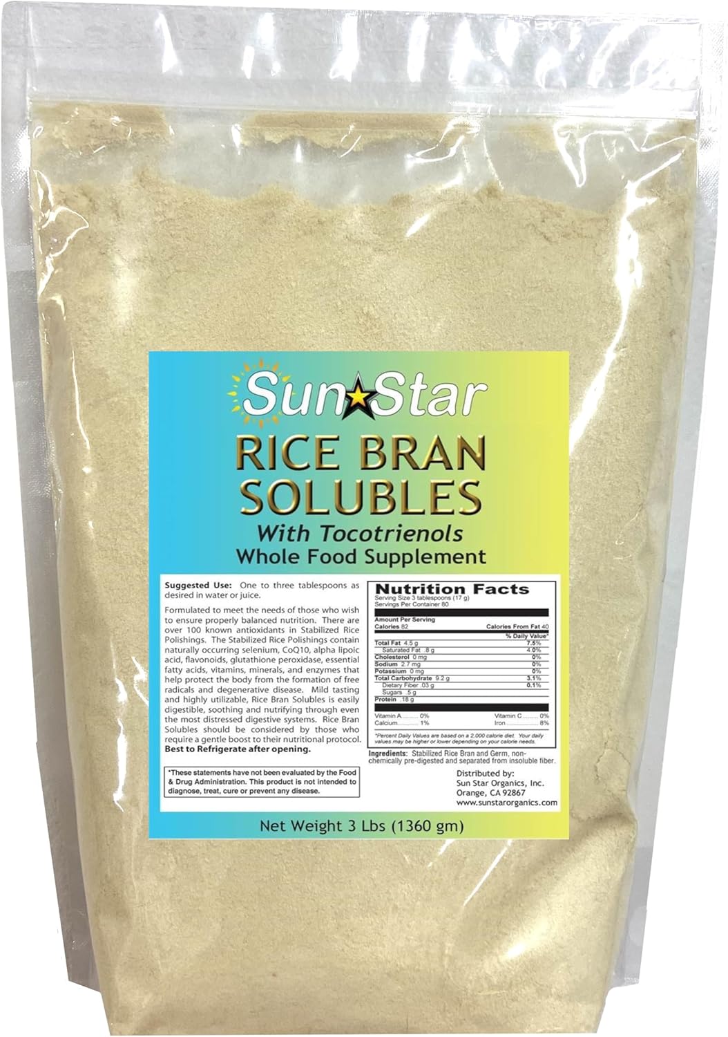 Organic Rice Bran Solubles with Tocotrienols - 3lb - Sun Star Organics