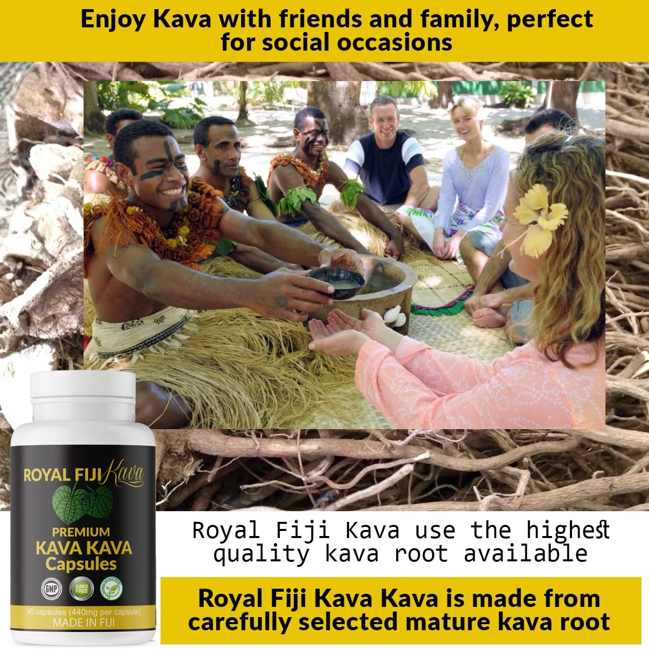 Organic Royal Fiji Kava Capsules - Pure Noble Kava Extract 1760mg, Highest Grade Fijian Kava for Relaxation & Mood Support - 100 Servings