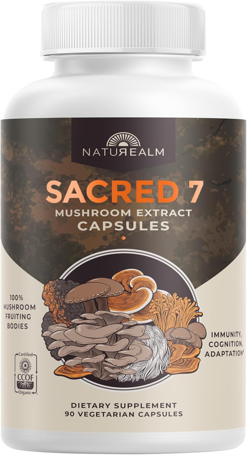 Organic Sacred 7 Mushroom Capsules - Immunity & Focus Booster, Vegan, Non-GMO - Lion’s Mane, Cordyceps, Reishi, Chaga, Maitake, Shiitake - 30-Day Supply