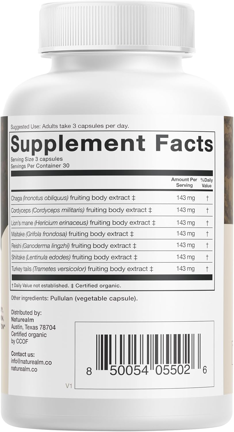 Organic Sacred 7 Mushroom Capsules - Immunity & Focus Booster, Vegan, Non-GMO - Lion’s Mane, Cordyceps, Reishi, Chaga, Maitake, Shiitake - 30-Day Supply