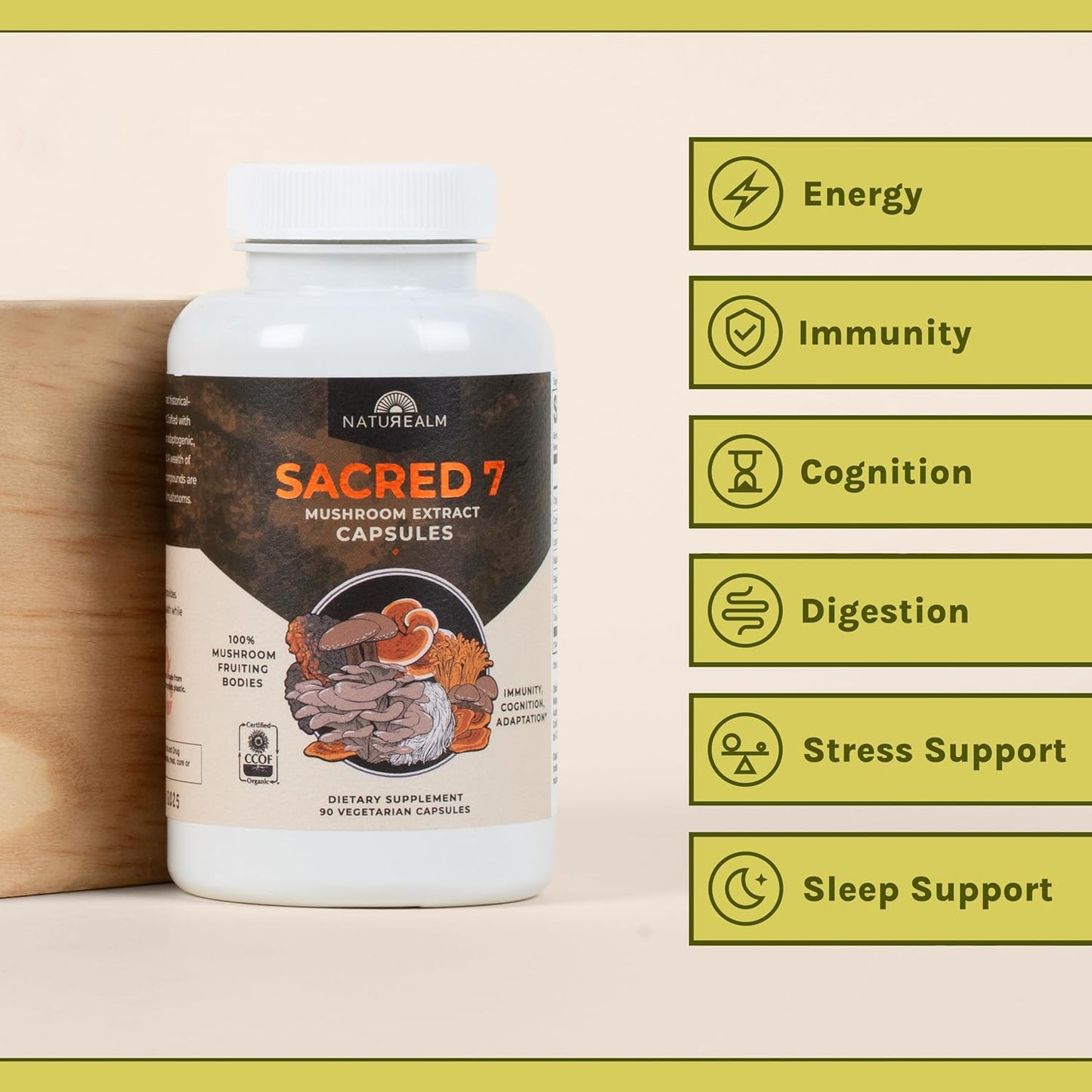 Organic Sacred 7 Mushroom Capsules - Immunity & Focus Booster, Vegan, Non-GMO - Lion’s Mane, Cordyceps, Reishi, Chaga, Maitake, Shiitake - 30-Day Supply