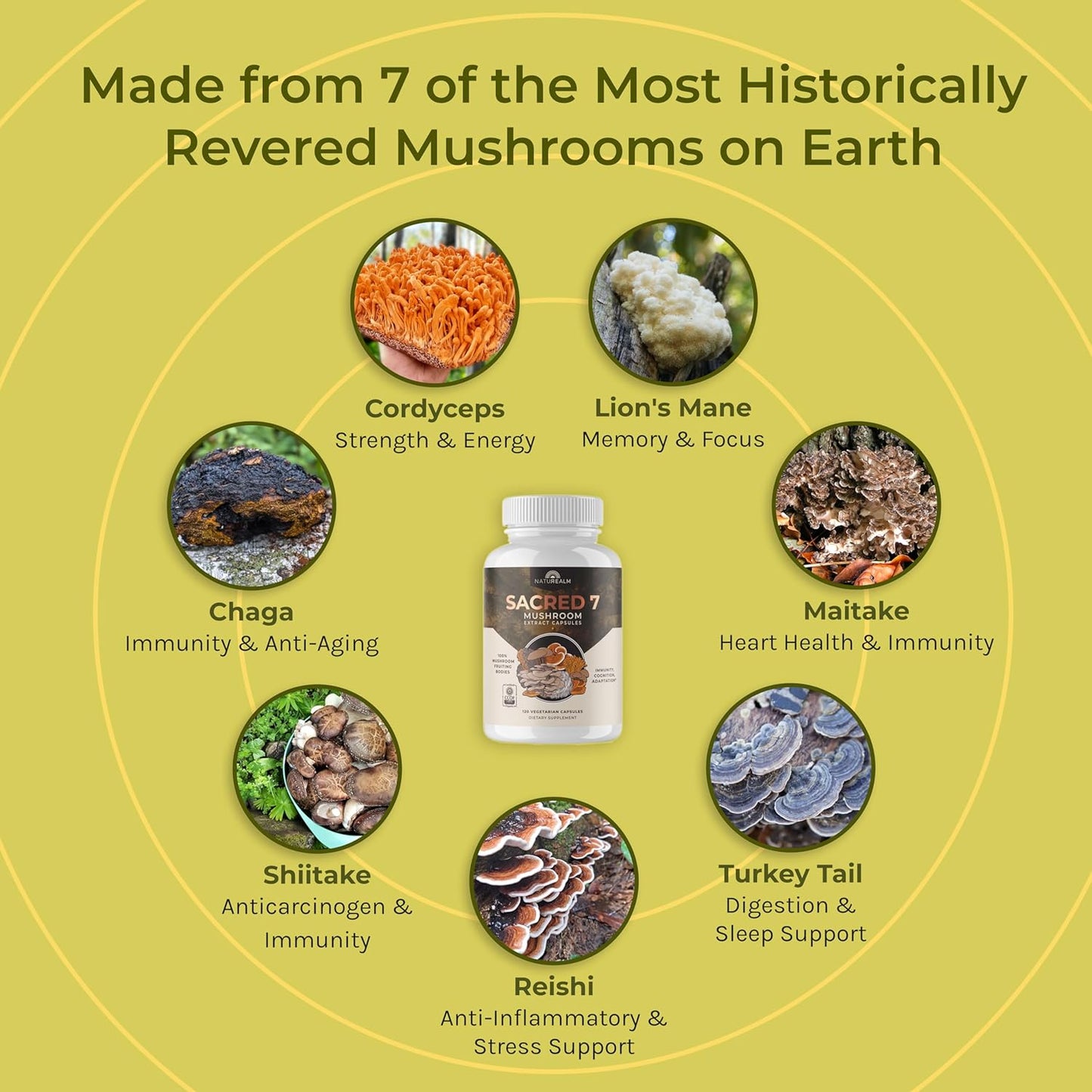 Organic Sacred 7 Mushroom Capsules - Immunity & Focus Booster, Vegan, Non-GMO - Lion’s Mane, Cordyceps, Reishi, Chaga, Maitake, Shiitake - 30-Day Supply