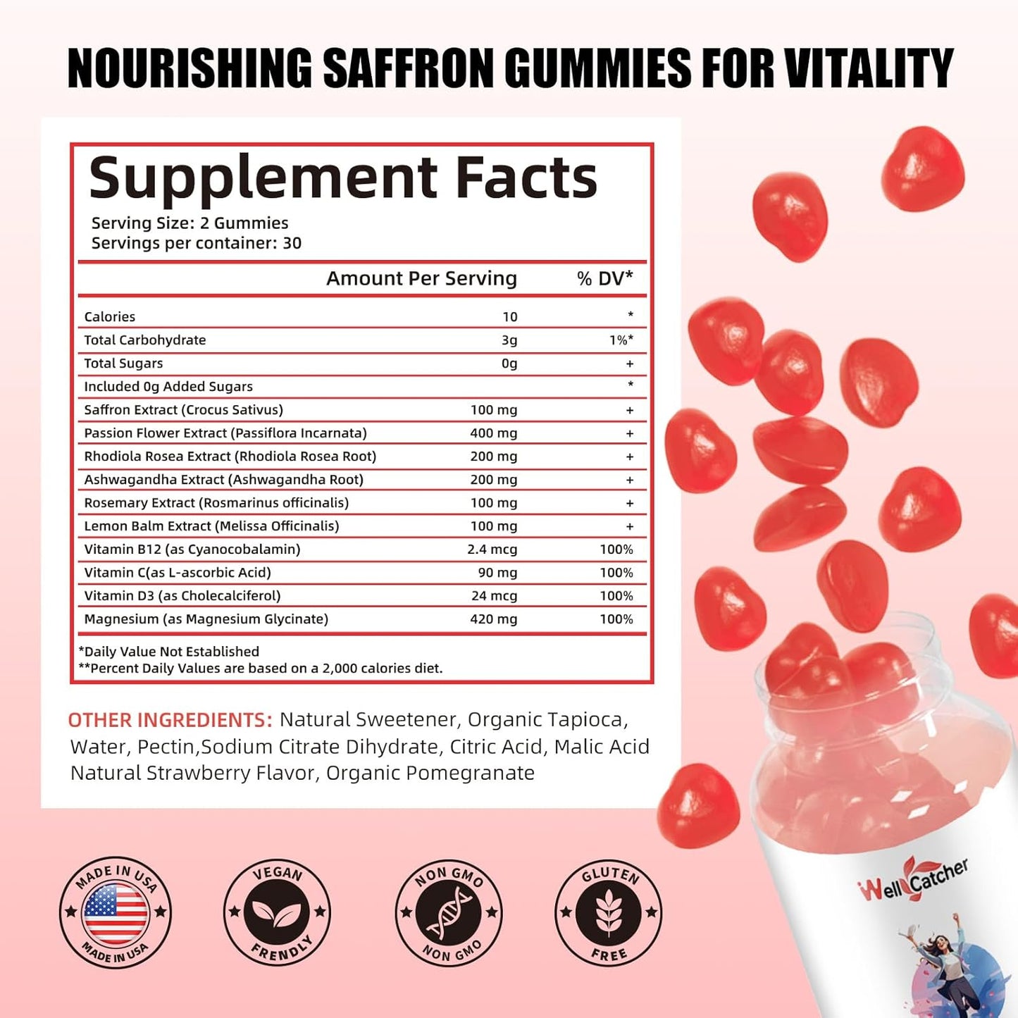 Organic Saffron Gummies for Mood Balance & Sleep Support - Sugar-Free Supplement with Vitamins - Non GMO Strawberry Flavor - 30 Day Supply for Adults & Kids