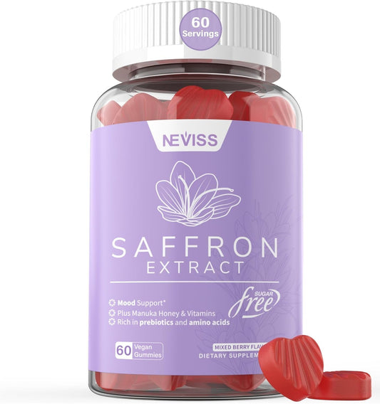 Organic Saffron Supplement Gummies with Vitamins B6, B12, D3, C - Mood & Power Support - Vegan Mixed Berry Flavor - 60Cts