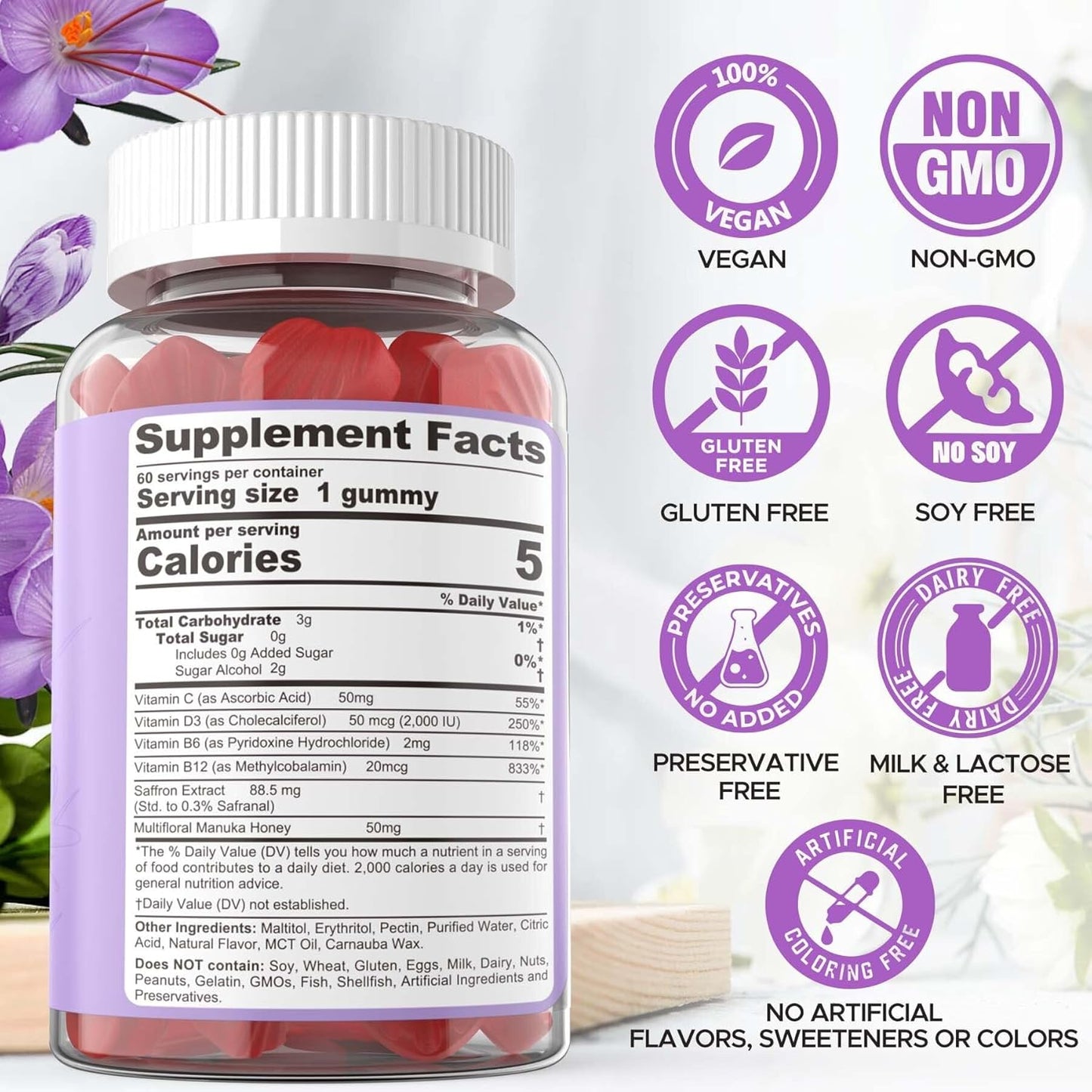 Organic Saffron Supplement Gummies with Vitamins B6, B12, D3, C - Mood & Power Support - Vegan Mixed Berry Flavor - 60Cts