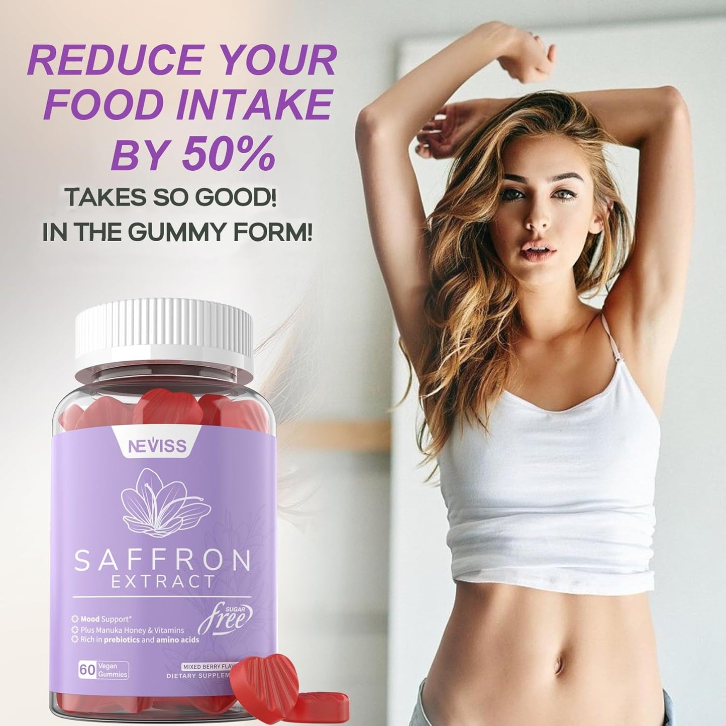 Organic Saffron Supplement Gummies with Vitamins B6, B12, D3, C - Mood & Power Support - Vegan Mixed Berry Flavor - 60Cts