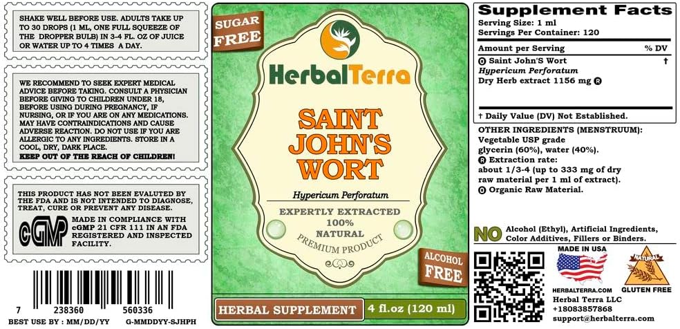 Organic Saint John's Wort Glycerite Liquid Extract by HerbalTerra - Alcohol-Free, Made in USA - 4 fl. oz