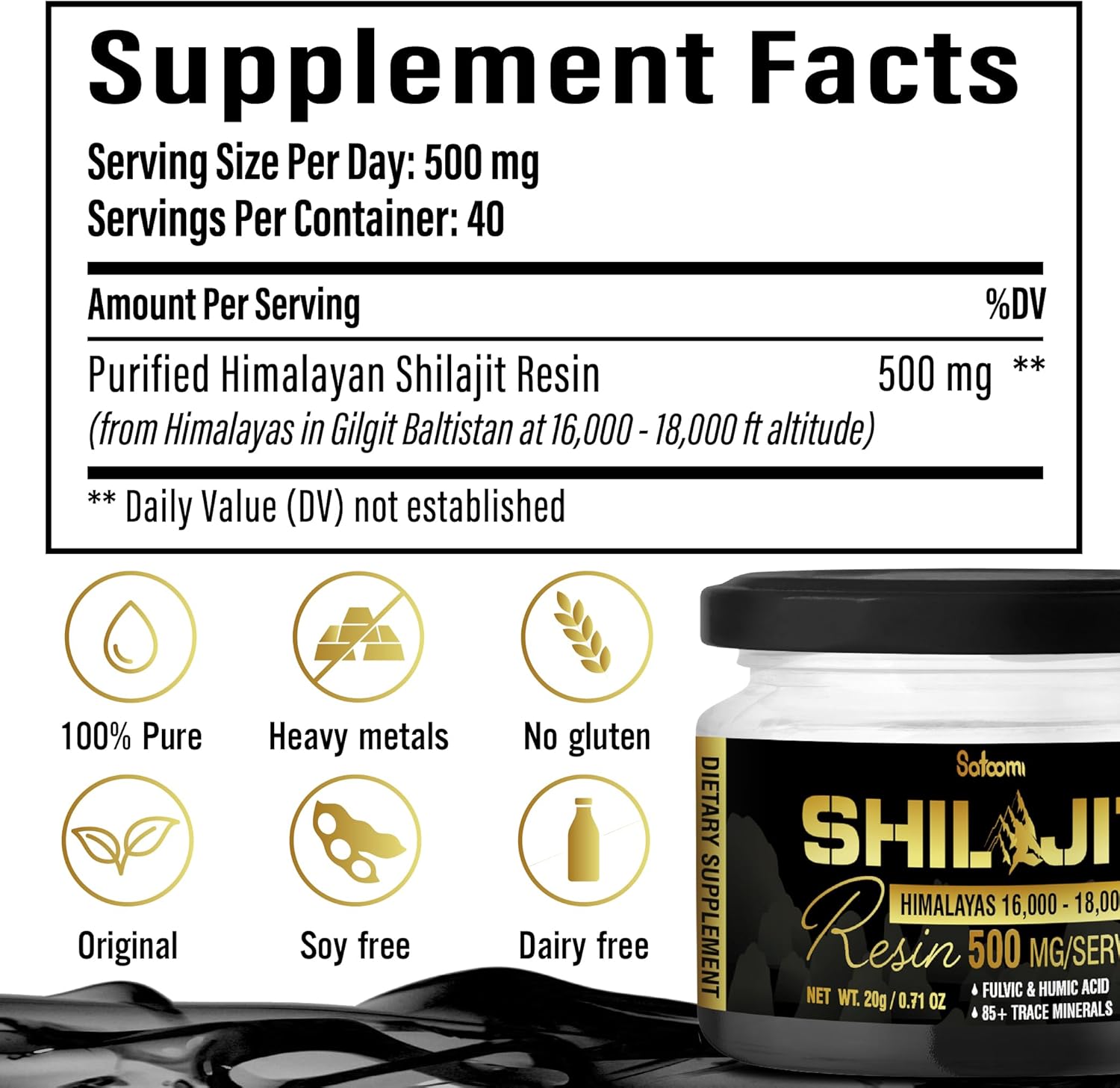 Organic Satoomi Shilajit with Fulvic Acid, Humic Acid, and 85+ Trace Minerals - Energy, Immune System, Cognitive Health - 2 Packs 20g