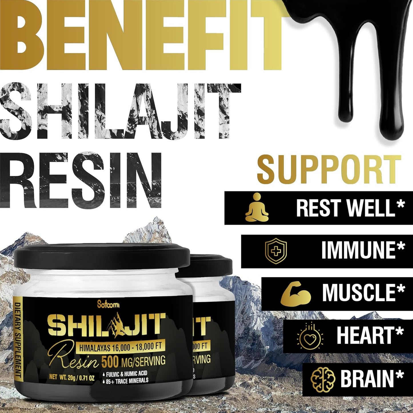 Organic Satoomi Shilajit with Fulvic Acid, Humic Acid, and 85+ Trace Minerals - Energy, Immune System, Cognitive Health - 2 Packs 20g