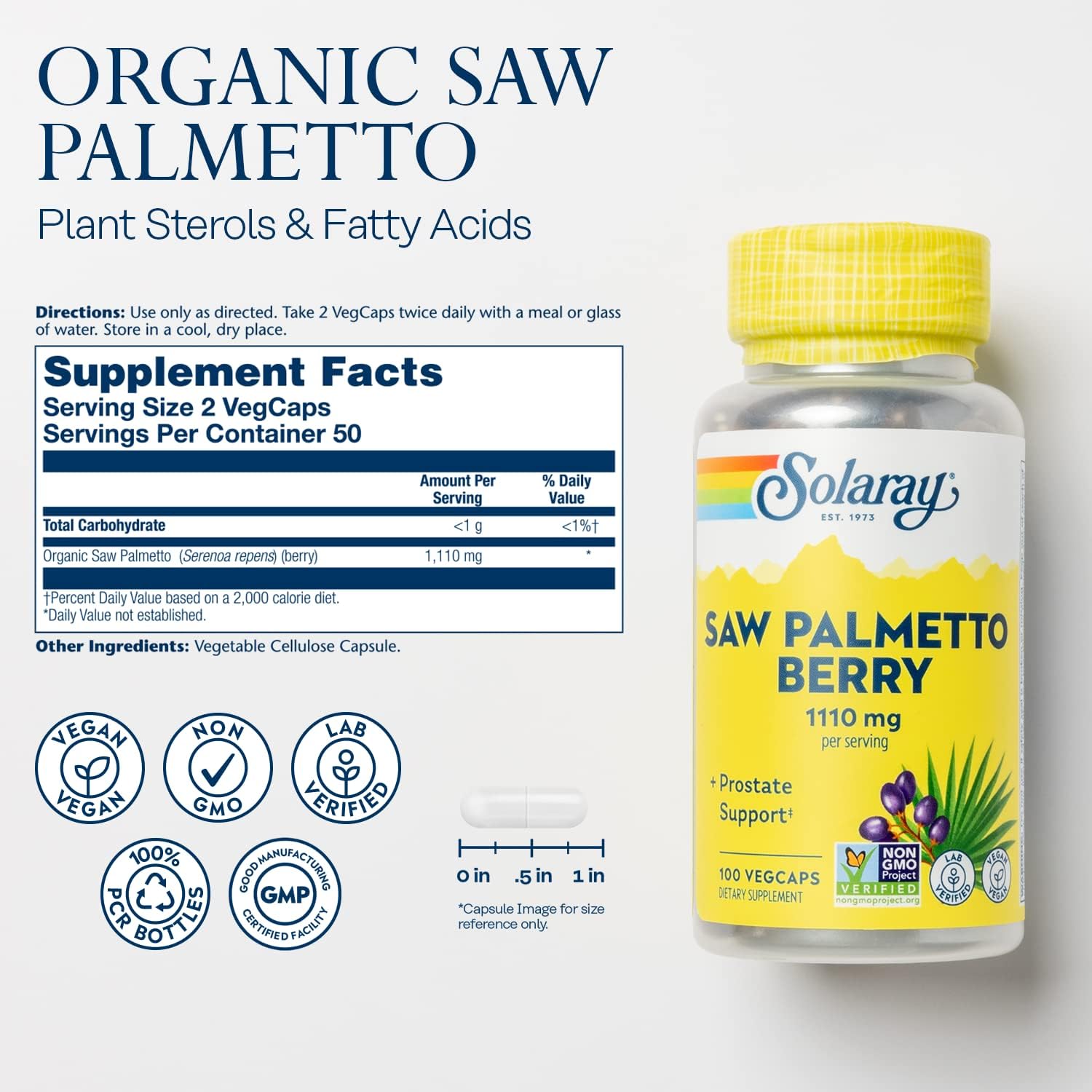 Organic Saw Palmetto Berry 1110mg for Men, Prostate Support with Fatty Acids & Plant Sterols, Non-GMO Vegan 100 VegCaps