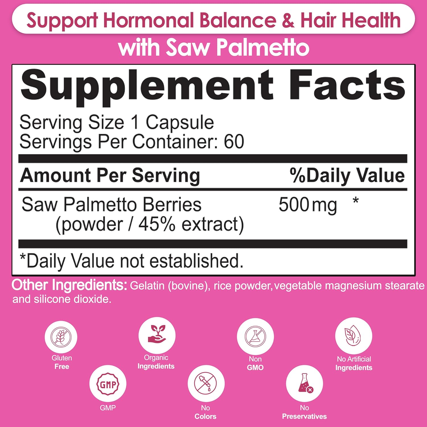 Organic Saw Palmetto Extract Berries Hair Growth Pills for Women - Natural DHT Blocker Supports Hormonal Balance & Urinary Health - 60 Pills
