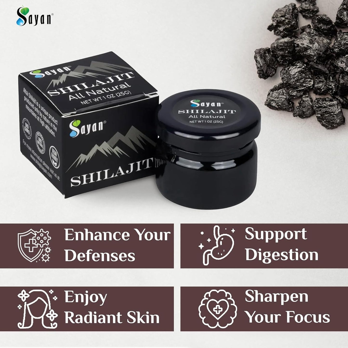 Organic Sayan Shilajit Resin 1oz Glass Jar - Potent Fulvic Acid Supplement for Immune Support, Memory, Focus, Energy, and Detox - Vegan, Non-GMO - 250 Servings