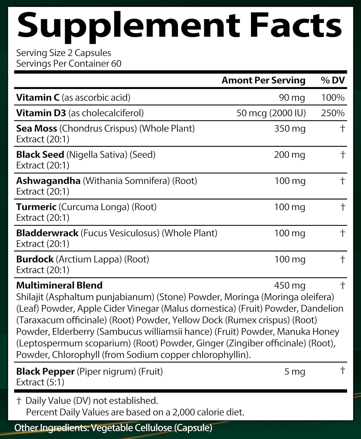 Organic Sea Moss Capsules with Black Seed Oil, Ashwagandha, Ginger, Burdock Root, Bladderwrack, Turmeric, Shilajit - Multimineral Supplement (120 Caps)