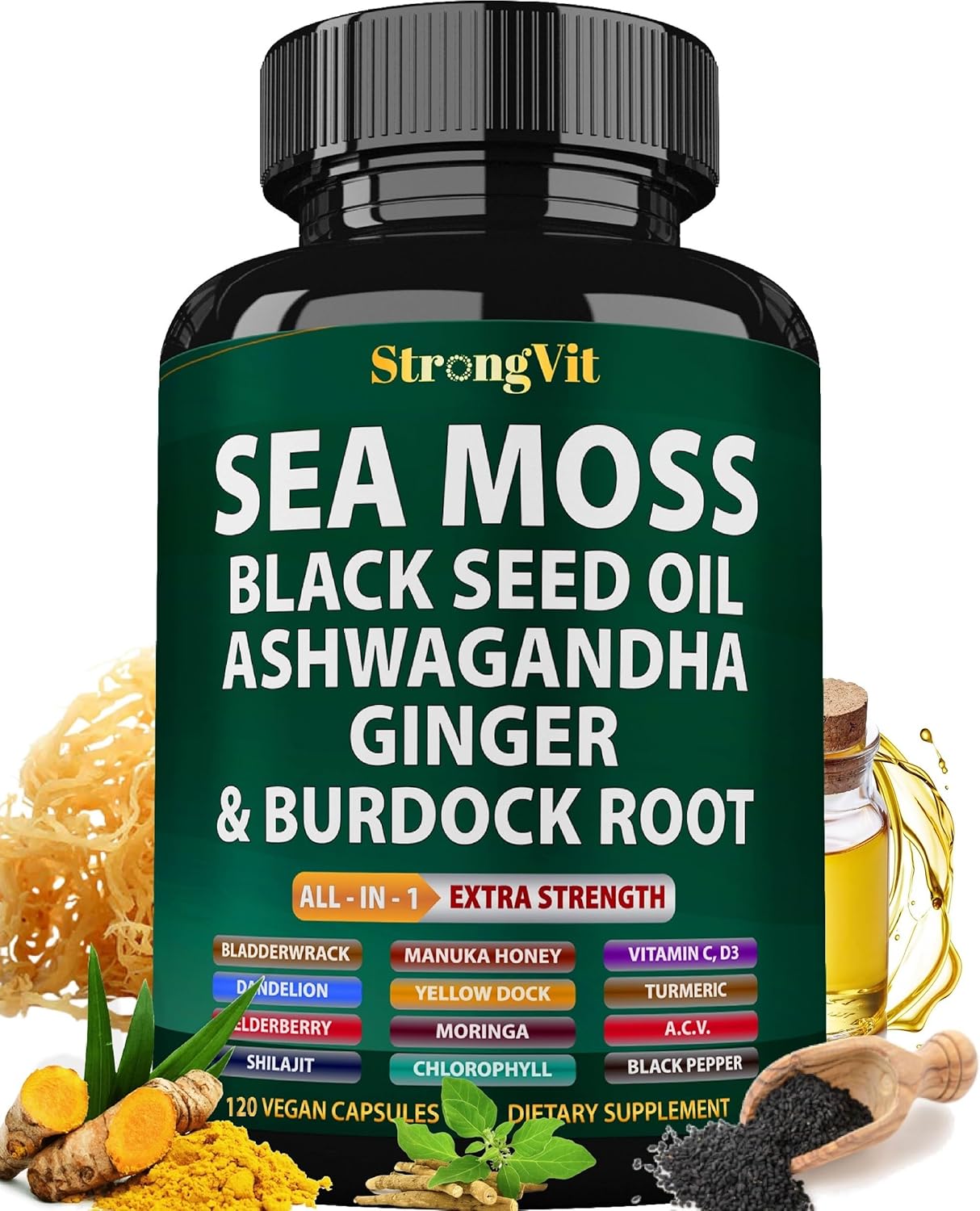 Organic Sea Moss Capsules with Black Seed Oil, Ashwagandha, Ginger, Burdock Root, Bladderwrack, Turmeric, Shilajit - Multimineral Supplement (120 Caps)