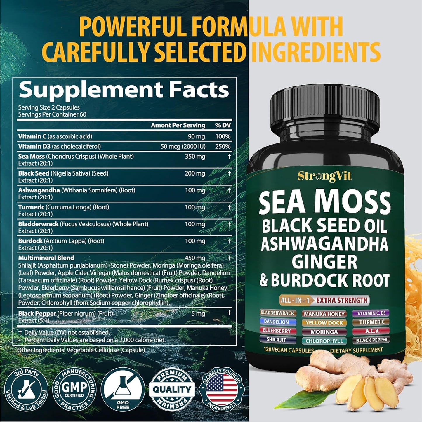 Organic Sea Moss Capsules with Black Seed Oil, Ashwagandha, Ginger, Burdock Root, Bladderwrack, Turmeric, Shilajit - Multimineral Supplement (120 Caps)
