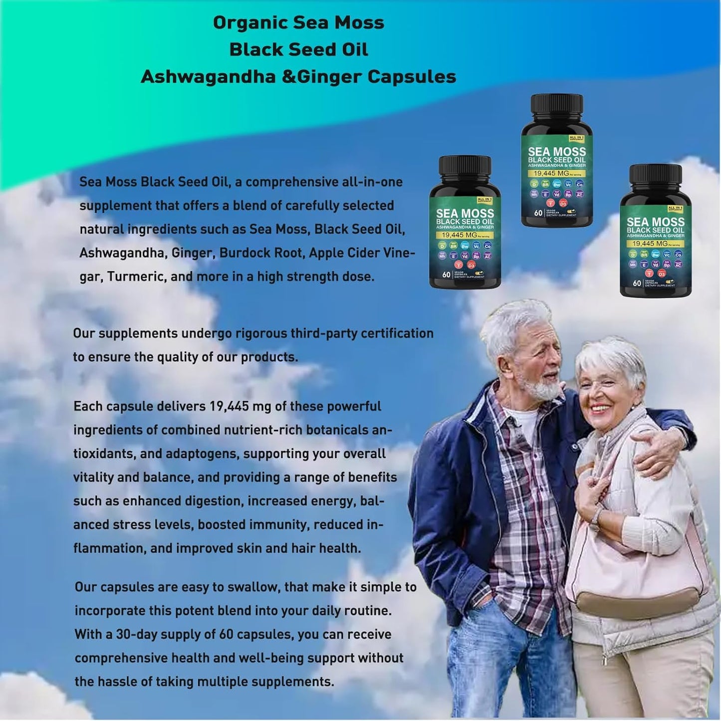 Organic Sea Moss Capsules with Black Seed Oil, Ashwagandha, Ginger, Burdock Root, Vitamin C, D3, Turmeric, Yellow Dock for Energy, Immune Support, Skin Health