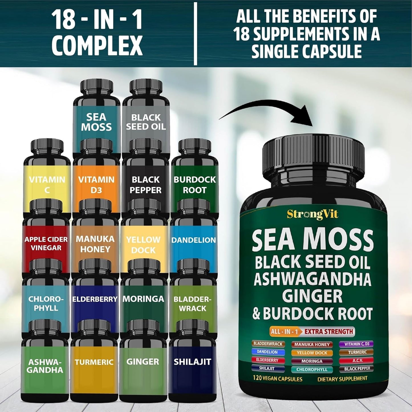 Organic Sea Moss Capsules with Black Seed Oil, Ashwagandha, Ginger, Burdock Root, Bladderwrack, Turmeric, Shilajit - Multimineral Supplement (120 Caps)