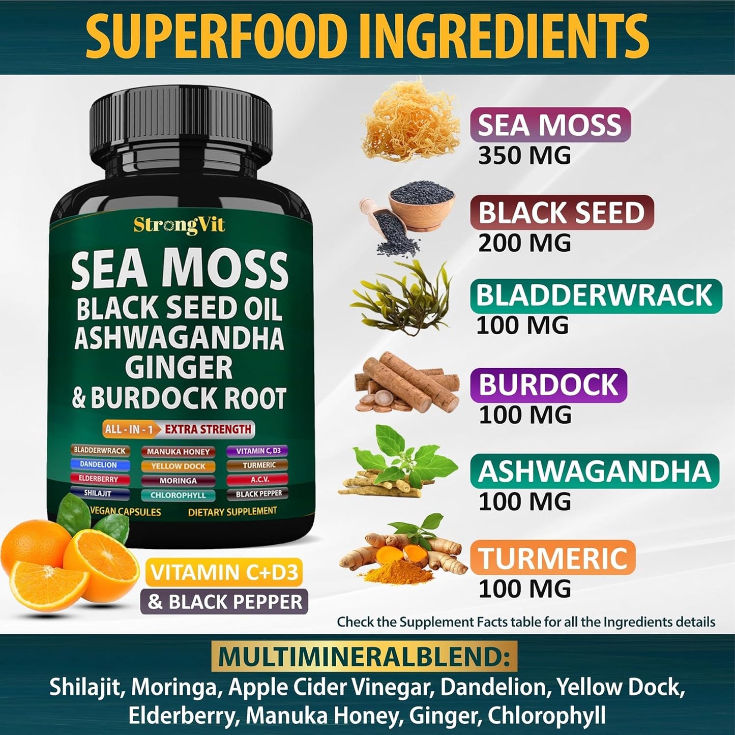 Organic Sea Moss Capsules with Black Seed Oil, Ashwagandha, Ginger, Burdock Root, Bladderwrack, Turmeric, Shilajit - Multimineral Supplement (120 Caps)