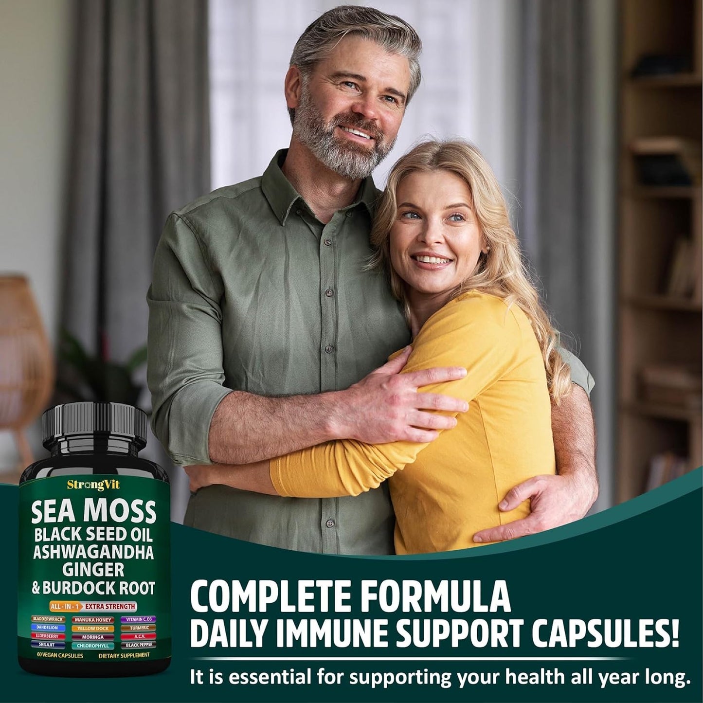 Organic Sea Moss Capsules with Black Seed Oil, Ashwagandha, Ginger, Burdock Root, Bladderwrack, Turmeric, Shilajit - Multimineral Supplement (120 Caps)