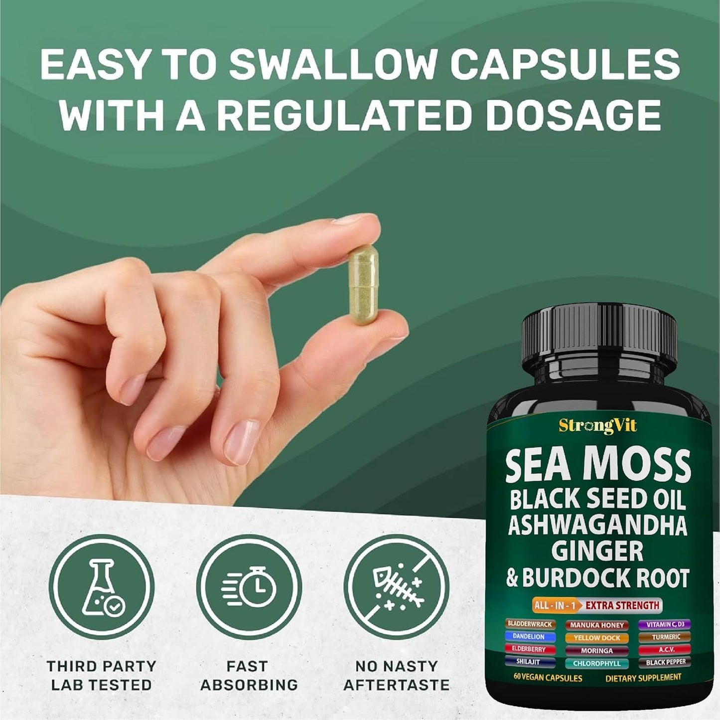 Organic Sea Moss Capsules with Black Seed Oil, Ashwagandha, Ginger, Burdock Root, Bladderwrack, Turmeric, Shilajit - Multimineral Supplement (120 Caps)
