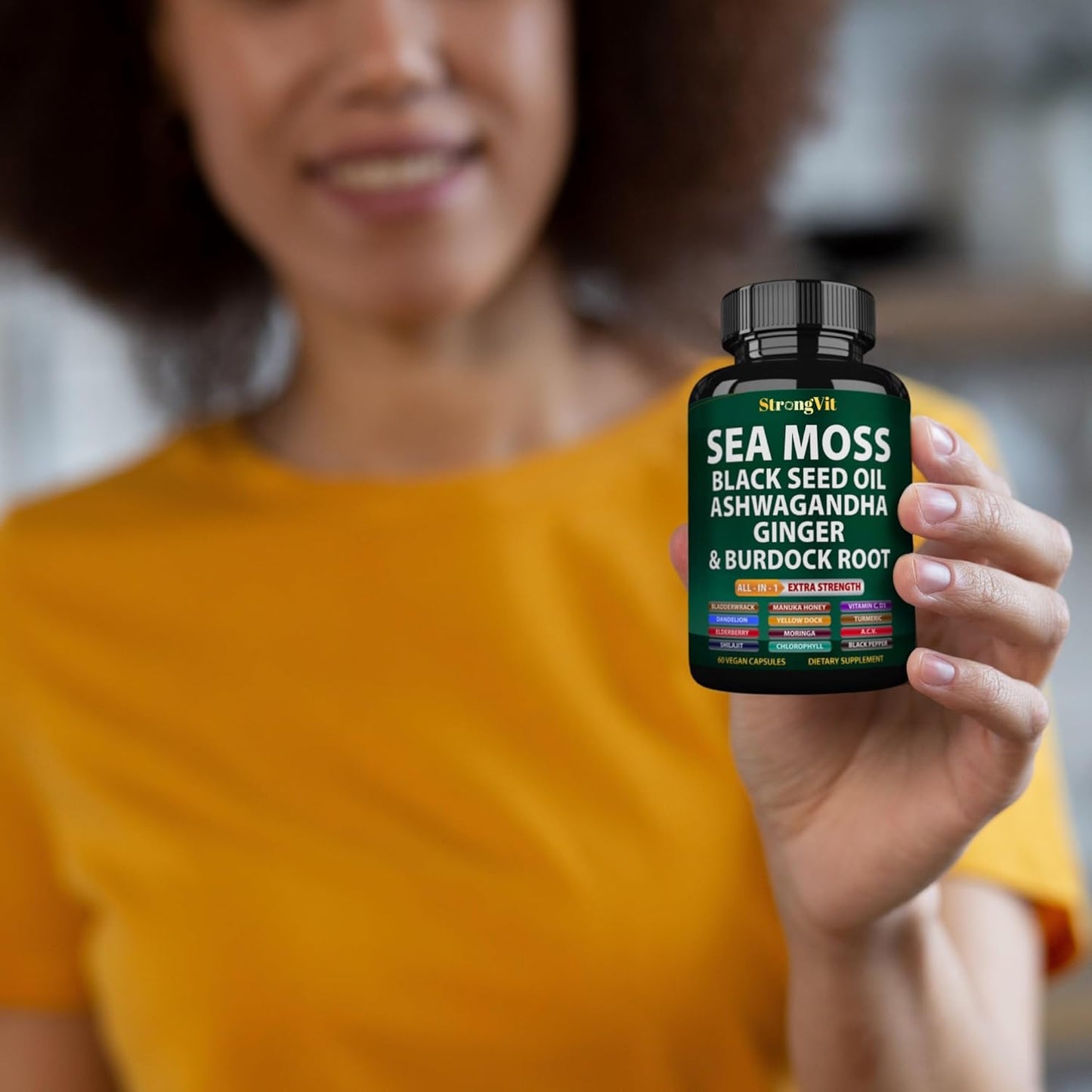 Organic Sea Moss Capsules with Black Seed Oil, Ashwagandha, Ginger, Burdock Root, Bladderwrack, Turmeric, Shilajit - Multimineral Supplement (120 Caps)