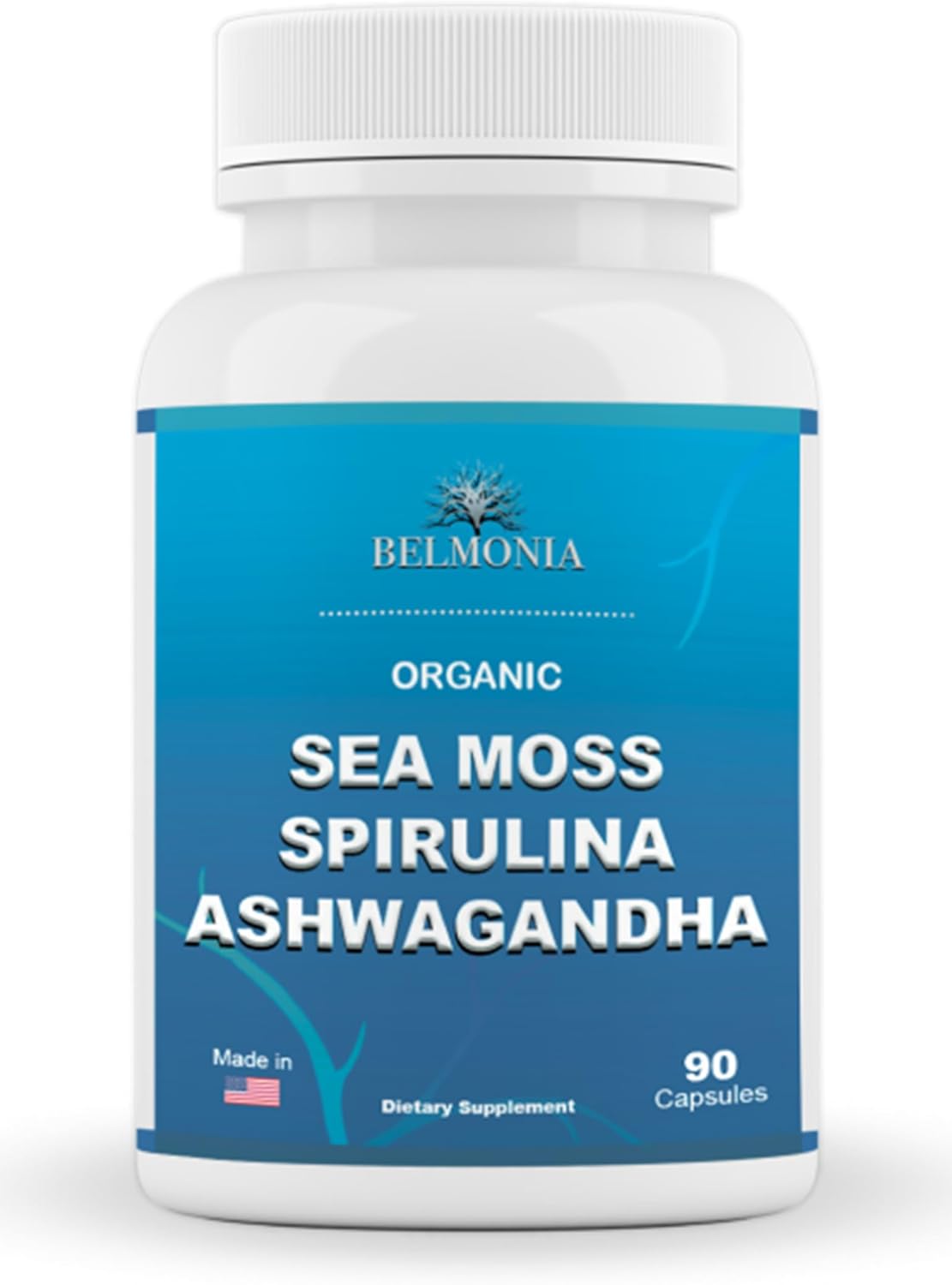 Organic Sea Moss Capsules with Spirulina, Ashwagandha - High Potency Supplement for Strength & Endurance - 90 Count - Made in USA
