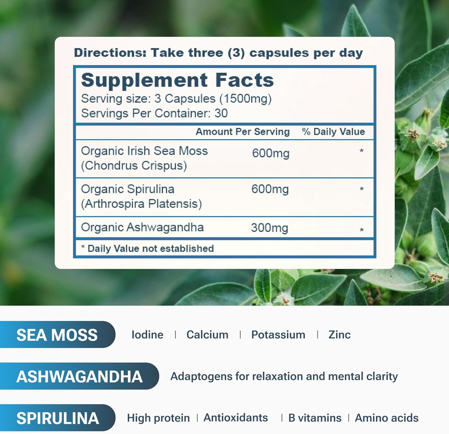 Organic Sea Moss Capsules with Spirulina, Ashwagandha - High Potency Supplement for Strength & Endurance - 90 Count - Made in USA
